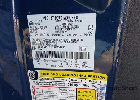 2014 Ford F-150 Xlt из США, поврежденный, VIN 1FTFW1EF9EKG54258